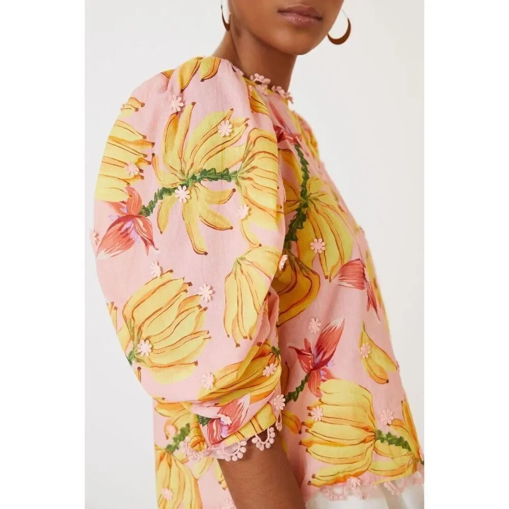 Anthropologie Farm Rio Banana Taste Applique Puff Sleeve Blouse Pink Small S NEW